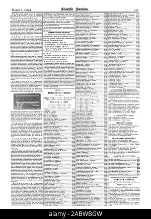 Index der Erfindungen Patentschriften der Vereinigten Staaten am 3. Februar 1874 ZEITPLAN DER PATENTGEBÜHREN. Kanadische Patente., Scientific American, 1874-03-07 Stockfoto