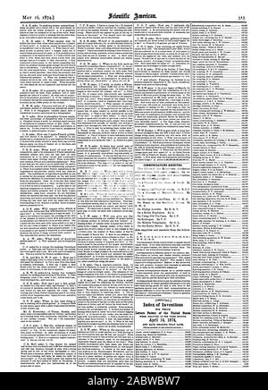 Index der Erfindungen Patentschriften der Vereinigten Staaten, Scientific American, 1874-05-16 Stockfoto