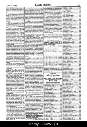 Mitteilungen empfangen. ing: [Offizielle. Index der Erfindungen Patentschriften der Vereinigten Staaten 5 1874 Mai, Scientific American, 1874-06-06 Stockfoto