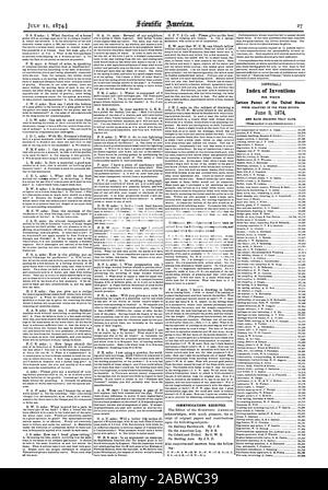 Kommunikation erhalten. [Offizielle. Index der Erfindungen Patentschriften der Vereinigten Staaten zum 9. Juni 1874, Scientific American, 1874-07-11 Stockfoto