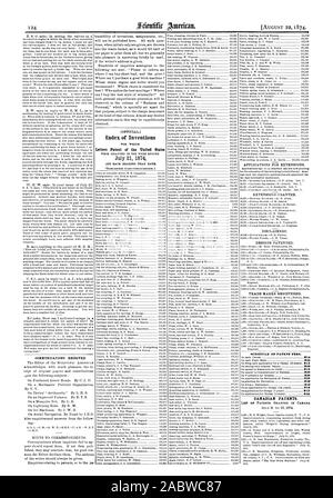 Kommunikation erhalten. Index der Erfindungen Patentschriften der Vereinigten Staaten [22.August 1874. Marken eingetragen. Zeitplan der PATENTGEBÜHREN. Kanadische Patente., Scientific American, 1874-08-22 Stockfoto