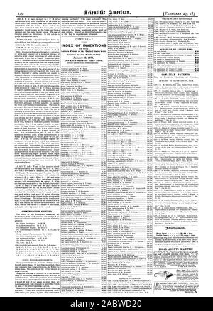 In der Woche bis zum 26. Januar 1875 UND JEDES LAGER DIESEM DATUM gewährt. Zeitplan der PATENTGEBÜHREN. Kanadische Patente. Zurück Seite $ 1,00 eine Linie. Inside Seite 73 Cents eine Linie. Lokale Agenten gesucht!, Scientific American, 1875-02-27 Stockfoto