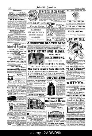 Portland Zement. Größte Erfindung des Zeitalters. Bügeleisen PLANERN NEW HAVEN MANUFACTURING CO. New Haven. Anschl. nicht-brennbaren Dampf KESSEL & ROHR FÜR OOKS für BUILDIERS. A.J.Bicknell & Co 27 Warren St. N. Y. in der Vertikale und Horizontale. Wurzeln" ROTARY GEBLÄSELAGERS. MURRILL & KEI ER. 44 Holliday St. Köder. Bessere ARBEIT SPART PLATZ ARBEIT UND KOHLE UND dauert zehn Mal länger als Balg. Schmiedekunst. S kaufen ein North Chelmsford bemannt. Nicht MEHR UND GLAS ÖL CUPS FÜR ALLE ARTEN VON STAHL UND KOHLE BÜGELEISEN Zurück Seite - $ 1,00 eine Linie. Inside Seite 75 Cents pro Zeile. NT X SS 3B SS. LUCIUS W. TEICH HERSTELLER Stockfoto
