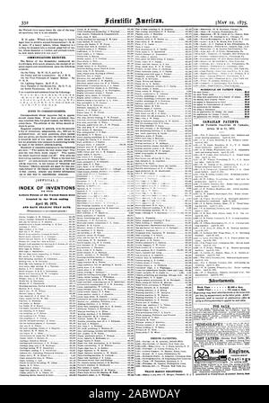 Kommunikation erhalten. INDEX VON ERFINDUNGEN, 20. April 1875 UND JEDES LAGER. Marken eingetragen. Zeitplan der PATENTGEBÜHREN. 820 820 830 810 810 815 830 kanadischen Patente. Zurück Seite 81.00 eine Linie. Inside Seite 75 Cents pro Zeile. Zum Verkauf Modell Motoren., Scientific American, 1875-05-22 Stockfoto