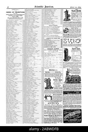 INDEX DER ERFINDUNGEN Patentschriften der Vereinigten Staaten wurden am 8. Juni 1875 und jedes Lager. Zeitplan der PATENTGEBÜHREN. Kanadische Patente. Liste der PATENTE IN KANADA 9. Juni bis 15. Juni 1875 gewährt. WHIPPLE'S Todd & Rafferty Machine Co. PHG. Die Balken und STAHLTRÄGERN SCHINDELN ÜBERSCHRIFT UND STANGEN AUENTS wollte. Das HOBELN und passenden tr BENTELMARCEDANT & Co. Die Shapley R. W. WILDE, Scientific American, 1875-07-10 Stockfoto