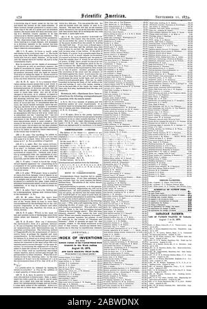 Kommunikation erhalten. [Offizielle.) INDEX VON ERFINDUNGEN Letters Patent des verzinnte Staaten wurden in der Woche bis 10. August 1875 UND JEDES LAGER, AGAVENGEWÄCHSE DESIGNS PATENTIERTE gewährt. Zeitplan der PATENTGEBÜHREN. Kanadische Patente., Scientific American, 75-09-11 Stockfoto