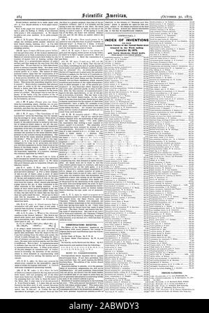 Kommunikation erhalten. INDEX VON ERFINDUNGEN In der Woche endinit UND JEDES LAGER DIESEM DATUM gewährt. DESIGNS patentiert., Scientific American, 1875-10-30 Stockfoto