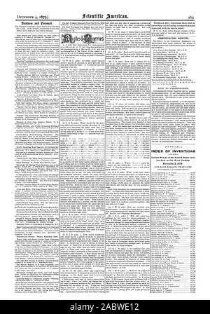 Dezember 4 18751 Erstattungspflicht aus folgenden correspondentsand untersucht mit dem Ergebnis: Kommunikation erhalten. INDEX VON ERFINDUNGEN in der Woche bis 2. November 1875 gewährt. Und jedes Lager, dass Datum., Scientific American, 1875-12-04 Stockfoto