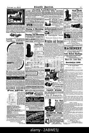 Für illustrierte Katalog und Preis Deckel Gegründet 1846 senden. Die älteste Agentur für Werbung Patente in den Vereinigten Staaten. Kaninchen der Patente]. 37 Park flow N.Y. der HOA D L Y PORTABLE DAMPFMASCHINE. READER AGENTEN 1.2.N; alte GEROLLT SHAFTING. Sicherheit HOISTIN Maschinen. &O. 348 Broadway. NEW YORK. Feine Werkzeuge KAUTSCHUK SCHINDELN SICKEN UND STANGEN. Die verbesserte CLARK & COMPANY'S PATENT SELF-COILING REVOLVIERENDEN STAHL FENSTERLÄDEN SCIENICC DIE H.B. BIGELOW dr Co." 11'01.'1). $ 250 EAGLE FUSS DREHMASCHINEN ordentlichste Designs superior Stash. Leas Stammzellen. oder Artizan. Biegen. Perücke. L. CHASE & Co., wissenschaftliche Stockfoto