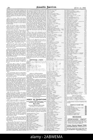 Kommunikation erhalten. INDEX DER ERFINDUNGEN Patentschriften der Vereinigten Staaten wurden in der Woche bis 9. Mai 1876 UND JEDES LAGER DIESEM DATUM gewährt. Zeitplan der PATENTGEBÜHREN. In Pageeach einfügen - 75 Cent pro Zeile. Zurück Seite jedem Einfügen - .00 eine Linie., Scientific American, 1876-06-10 Stockfoto