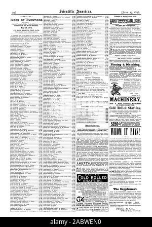 INDEX VON ERFINDUNGEN in der Woche Ende gewährt. Mai 161876 und jedes Lager. Zeitplan der PATENTGEBÜHREN. Inside Seite jedem Einfügen - 75 Cent pro Zeile. Zurück Seite jedem Einfügen - $ 1,00 eine Linie. '12 + 'IP-SHAFTING. Jetzt Bereit. Neue überarbeitete Auflage. Uhrmacher. Maschinen Eisen & Holz Maschinen jeder Beschreibung. Kalte Shafting gerollt. Die Ergänzung AGENTEN WIWI ES Th!, Scientific American, 1876-06-17 Stockfoto