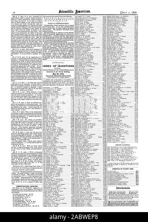 Kommunikation erhalten. INDEX DER ERFINDUNGEN FEIND, welche Buchstaben Patent in den Vereinigten Staaten wurden in der Woche Ende gewährt. 30. Mai 1876 und jedes Lager. Zeitplan der PATENTGEBÜHREN. Inside Seite jedem Einfügen - 75 Cents pro linr., Scientific American, 1876-07-01 Stockfoto