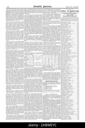 Kommunikation erhalten. INDEX DER ERFINDUNGEN Patentschriften der Vereinigten Staaten waren in der Woche Ende und jedes Lager, dass Datum., Scientific American, 1876-08-12 gewährt Stockfoto