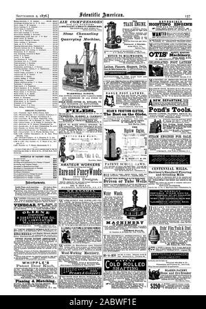 DESIGNS patentiert. Zeitplan der PATENTGEBÜHREN. Advertiontento. Inside Seite Einfügungen-15 Cent eine Linie. Ein ERSATZ FÜR ÖL. und der Besitzer sollte UNITED STATES PATENT ASSOCIATION. Patent Türknopf. Hobeln tic Matching. 010 820 830 810 810 815 830 Ingenieure den Motor. Vorankündigung MILLWRIGHTS. Ersatzteile der CROTON & SPAREN SIE DIE KOSTEN. Angetrieben oder Rohr Brunnen REVERSIBLE HOISTING MOTOR FÜR ALLE ZWECKE. ANUFACTURERS UND PATENTINHABER Heu SICHERHEIT HEBEN GEFEIERT FUSS DREHMASCHINEN Sache für Amateure und Arti lt MASCHINENBAUERZEUGNISSE VERBESSERTER STILE FÜR's Pond Tools. Drehen Drehmaschine BorangDrillingGrina net auf Rädern Stockfoto