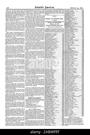 Kommunikation erhalten. INDEX VON ERFINDUNGEN in der Woche bis 13. Februar 1877, UND JEDES LAGER DIESEM DATUM gewährt. [24. März 1877., Scientific American, 1877-03-24 Stockfoto