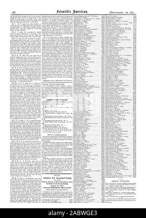 Kommunikation erhalten. INDEX VON ERFINDUNGEN in der Woche bis zum 14. August 1877, UND JEDES LAGER DIESEM DATUM gewährt. ', Scientific American, 1877-09-22 Stockfoto