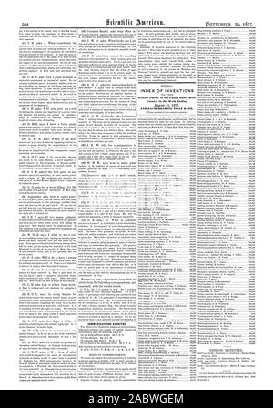 Lage an der Oberfläche mit einer Line flach Pinsel beschichtet werden. Kommunikation erhalten. INDEX DER ERFINDUNGEN Letters Patent des "Vereinigten Staaten wurden in der Woche Ende und jedes Lager, dass Datum., Scientific American, 1877-09-29 gewährt Stockfoto