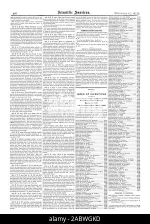 Kommunikation erhalten. INDEX VON ERFINDUNGEN in der Woche Ende und jedes Lager, dass Datum., Scientific American, 1877-11-17 gewährt Stockfoto