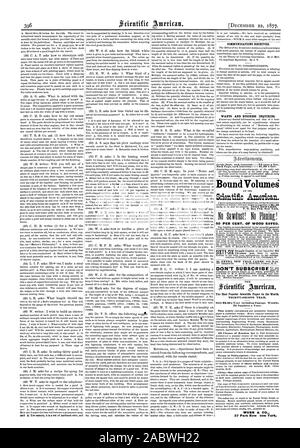 22. Dezember 1877. CONISITNICATIONS empfangen. Will und geschäftliche Anfragen. Inside Seite Einfügungen 0,75 Cent pro Zeile. Gebunden Band Scientific American. P.O.Box 773 New York. 50 Prozent. Von Holz gespeichert. 60 der 35 im zweiten Jahr. Nur $ 3.20 pro Jahr einschließlich Porto. Wöchentlich. 52 Nummern pro Jahr. MUNN & CO 37 Park Row 'Atm York., 1877-12-22 Stockfoto