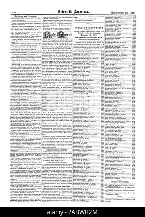 Kommunikation erhalten. Will UND GESCHÄFTLICHE ANFRAGEN INDEX DER ERFINDUNGEN, FÜR DIE BUCHSTABEN Patent des "Vereinigten Staaten wurden am 13. November 1877, UND JEDES LAGER, DASS DATUM., Scientific American, 1877-12-11 Stockfoto