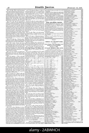 Will und geschäftliche Anfragen. INDEX DER Erfindungen erteilt In der 'Woche Ende und jedes Lager, dass Datum., Scientific American, 1878-02-16 Stockfoto