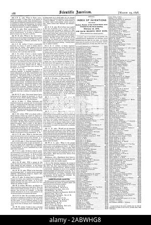 Kommunikation erhalten. INDEX VON ERFINDUNGEN in der Woche Ende und jedes Lager, dass Datum., Scientific American, 1878-03-23 gewährt Stockfoto