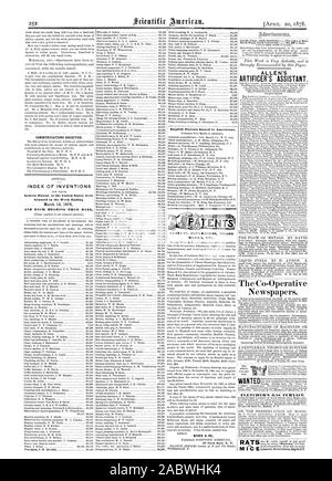 Marken etc. Englisch erteilte Patente für IO-Amerikaner. Kommunikation erhalten. INDEX VON ERFINDUNGEN in der Woche Ende UND JEDES LAGER DIESEM DATUM gewährt. Zeitungen. Wollte ich FLETCRIIER'S GAS OFEN ALLEN HANDWERKSMANN's ASSISTANT. Die Strömung von Metallen. Von DAVID MUNN 8c CO., Scientific American, 1878-04-20 Stockfoto