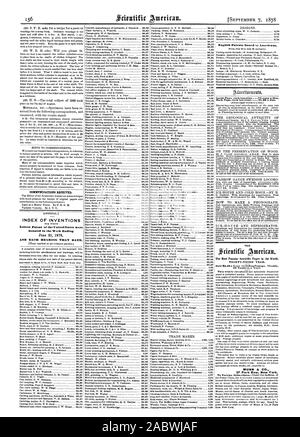 Kommunikation erhalten. INDEX VON ERFINDUNGEN in der Woche bis zum 25. Juni 1878 UND JEDES LAGER DIESEM DATUM gewährt. Englisch erteilten Patente zu den Amerikanern. Zurück Seite Einfügungen 51.00 eine Linie. TIIIRD TIIIRTY-JAHR. Nur S 3.20 ein Jahr ich 'Wind' lig Porto. Wöchentlich. 52.; n Jahr. MUNN & CO 37 Park Row New York., Scientific American, 1878-09-07 Stockfoto