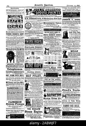 Bericht wurde am 30. September 12478. in US landwirtschaftlicher Geräte Pistolen Pistolen RAUCHER ACHTUNG! Telefone. 2 Liberty St. New York. Möchten Sie 2d-HAND WASSER RÄDER. Mühle Steine und Getreidemühlen. CAMERON Dampf Pumpen für Minen Hochöfen, Walzwerke Ölraffinerien Kessel Feeder & C. Werke Fuß Osten' 23d St. New York. G.M. WOODWARD Standard Messgeräte und Messung implementiert. J. LLOYD HAIGH PORTLAND CEMENT PATENTE Al'Auktion. Modelle RIEMENSCHEIBE DER BIGELOW Dampfmaschine. Die billigste und beste auf dem Markt. Für beschreibende Kreis- und Preisliste senden. H.B. BIGELOW & Co. Neue Stockfoto