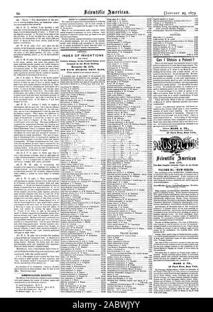 Kommunikation erhalten. INDEX VON ERFINDUNGEN in der Woche bis 26. November 1878 UND JEDES LAGER DIESEM DATUM gewährt. Kann ich ein Patent? 37 Park Row New York. Der TEM FÜR 1879. Die populärsten wissenschaftlichen Papier in der Welt. VOLUME XL - NEUE SERIE. MUNN & CO 37 Park Row New York., Scientific American, 1879-01-25 Stockfoto