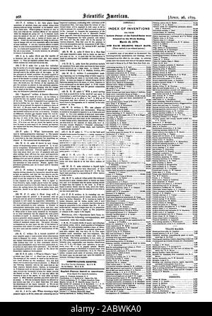 SCIENTIFIC AMERICAN SITVPLEXENT. COMMITRICATIONS empfangen. Englisch Ich erteilte Patente zu den Amerikanern. INDEX DER ERFINDUNGEN POE WEEICM gewährt in der Woche bis zum 18. März 1879 und jedes Lager, dass Datum., 1879-04-26 Stockfoto