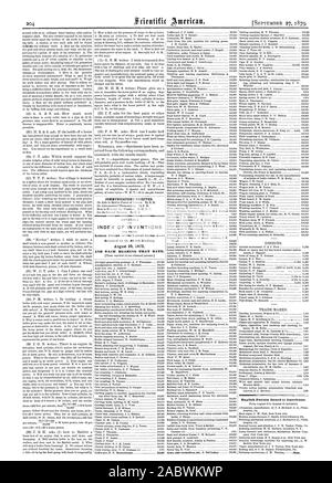 Kommunikation erhalten. INDEX DER ERFINDUNGEN Patentschriften der Vereinigten Staaten waren im Th gewährt (Woche Ende und jedes Lager. Englisch erteilten Patente zu den Amerikanern., Scientific American, 1879-09-27 Stockfoto