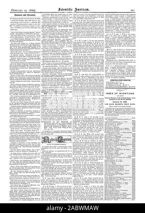 Neue einer der größten Pianisten und Publikationen. Kommunikation erhalten. INDEX DER ERFINDUNGEN Patentschriften der Vereinigten Staaten waren in der Woche Ende und jedes Lager, Datum, Scientific American, 1880-02-14 gewährt Stockfoto