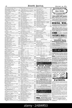 Inside Seite Einfügungen. 75 Cent pro Zeile. Zurück Seite Einfügungen 31,00 eine Linie. Eis, kalte Luft Maschinen alter Lagerhäuser Krankenhäuser usw. PICTET KÜNSTLICHES EIS CO (begrenzt) 141 Greenwich Street CET die Beste und Billigste. = 1 L 1 1 1 PERIN BANDSÄGEBLÄTTER Mineral wool. "Internationale Agentur für elektrische Instrumente" SITZ: - MUNN Jr CO Solicitors von Patenten UNION CITY CONN. Patente., Scientific American, 1882-01-14 Stockfoto
