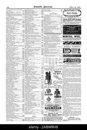 CET die Beste und Billigste. Marken. Englisch erteilten Patente zu den Amerikanern. mays United States Branchenbuch für 1882.- ISSITED MAI 1. PERIN BANDSÄGEBLÄTTER PATENT FÜR VERKAUF ODER AUF LIZENZGEBÜHREN. Mineralwolle IIEGISTRA' FION E IC NUNN EINE CO 261 Broadway New York. Wirtschaftlich effiziente PRAKTISCHE UND SICHERE Büro der Firma MUNSON BRÜDER. UTICA, New York, USA. Wird ausgeführt - "ICH NEUES ZUHAUSE NEUES ZUHAUSE NÄHMASCHINE Adresse A. C. JOHNSON Martin 0. N ZU-LS-Pressen, Scientific American, 1882-05-20 Stanzen Stockfoto