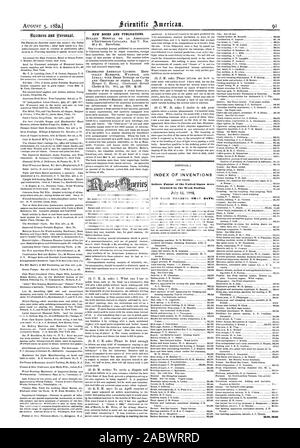 Neue BÜCHER UND PUBLIKATIONEN. INDEX DER ERFINDUNGEN Patentschriften der Vereinigten Staaten waren, Scientific American, 1882-08-05 Stockfoto