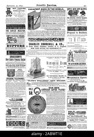 Mutter TAPPINC DURRELL DES PATENTS. Fredonia N.Y. THEBESTBANGSAW LADE DIE DUPLEX EINSPRITZDÜSE. KEMP'S DUNGSTREUER PULVERISIERER BRUCH PATENT schnell einstellbare Schlaganfall kann während der Fahrt geändert werden. R GOULD & EBERHARDT NEWARK N..1. Telefon ERICSSON DELAMATER IRON WORKS C.H.DELARIATER dr Kuh Inhaber des BIBB B.C. BIBB & Sohn sprechen Telefone. WILEY & RUSSELL MFG. Co.Entscheidungsträger Blitz Schraube Platten Bolzenschneider Fine Taps und stirbt etc. 607 Market St. Philadelphia Pa CHARLES CHURCHILL&C WESTINGHOUSE MOTORVERSTELLUNG Futter Keying Einpacken Ölen oder Wischen 2 UND 150 Pferdestärken. Senden Stockfoto