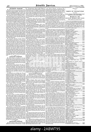 Technische Erfindungen. Mechanische Erfindungen. Landwirtschaftliche Erfindungen. Sonstiges Erfindungen. [Offizielle. - INDEX DER ERFINDUNGEN Patentschriften der Vereinigten Staaten waren in der Woche Ende, Scientific American, 1882-12-11 gewährt Stockfoto