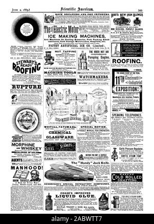 Eis, Morphium und IMENICHLORIDE VON GOLDEN = Männlichkeit! Erkenne dich selbst. 9 MUTTER TAPPINC DURRELL DES PATENTS. NEW HAVEN MANUFACTURINC CO WERKZEUGMASCHINEN WHITALLTATUM & Co. Die HERSTELLER VON CHEMISCHEN UND ANDEREN GLASWAREN. Der REITER HEISSE LUFT KOMPRESSION Pumpen Motor Uhrmacher. Besonderer Hinweis. Eine TASCHE HANDBUCH FÜR INGENIEURE. Bevor SIE KAUFEN ICH FAHRRAD (EISEN REVOLVER perfekt ausgewogenen ROOFINC. --&Gt; 1883. ÷; Ausstellung! - Manufactures-Arts Inventions-Products. 1883.4 sprechende Telefone. Curtis Druckregler DIE BESTEN DAMPF PUMPE. Bruch der! Unternehmen alte GEROLLT SHAFTING. ROCK BREAKERS UND ERZ Stockfoto