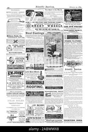 Millers fällt Co 74 OHAMBERS ST. NEW YORK. COLUMBIA Fahrräder und Dreiräder. Uhrmacher. TOOL CO Waltham Mass RUTSCHKUPPLUNG. Für illustrierte Cata A.&F. BRAUN 43 Park Place New York schicken. HARRIS - CORLISS ENCINE für Kopieren und Dampf Techniker des Benutzers Die "MONITOR senden." NATHAN MANUFACTURINC UNTERNEHMEN AUCH Patent das Beste in der Welt klammern. Leffel Wasserräder mit wichtigen Verbesserungen. Feines Netz PAIIISLET FEIND 1883 ROOFINC. PATENT" LOLD SHAFTING gerollt. Die Tatsache, dass diese shafting hat 75 Prozent. mehr EISMASCHINEN EINFACHE 1.1A BLE. Id Cortlandt St. NEW YORK US 30 bis 300 A. Stockfoto