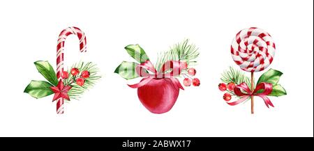 Aquarell Weihnachtsstollen. Hand gemalte Illustration Collection mit Lollypop, Candy Cane und roten Apfel. Essen Kunst für die Weihnachtszeit Stockfoto