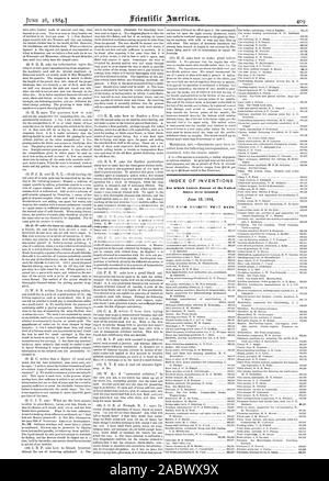 INDEX DER ERFINDUNGEN, für die Buchstaben Patent in den Vereinigten Staaten gewährt wurden, Scientific American, 1884-06-28 Stockfoto