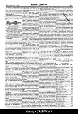 INDEX DER ERFINDUNGEN, für die Patentschriften der Vereinigten Schraube siehe Mehl Schraube., Scientific American, 1884-12-20 Stockfoto