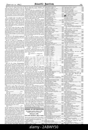 INDEX DER ERFINDUNGEN, für die Patentschriften der Vereinigten Staaten am 3. Februar 1885 und jedes Lager, dass Datum., Scientific American, 1885-02-21 gewährt wurden Stockfoto