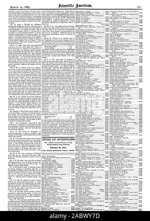 INDEX DER ERFINDUNGEN, für die Patentschriften der Vereinigten Staaten am 24. Februar 1885 und jedes Lager, dass Datum., Scientific American, 85-03-14 gewährt wurden Stockfoto