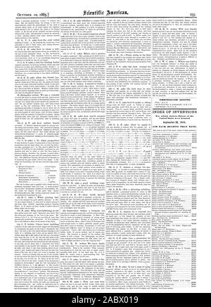 Kommunikation erhalten. INDEX DER ERFINDUNGEN, für die Buchstaben Patent in den Vereinigten Staaten gewährt wurden und jedes Lager, dass Datum., Scientific American, 1885-10-10 Stockfoto