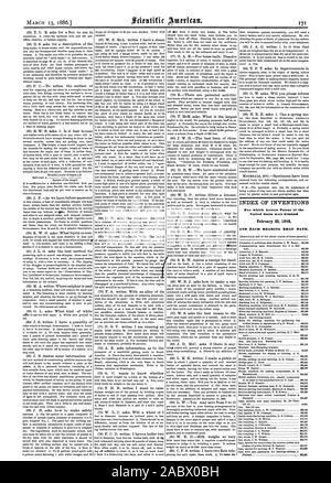 INDEX DER ERFINDUNGEN, für die Buchstaben Patent der verzinnt, 23. Februar 1888 und jedes Lager, dass Datum., Scientific American, 86-03-13 gewährt wurden Stockfoto