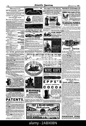 Von den vierzig - ERSTER JAHRESBERICHT DER ZUSAMMENFASSUNG DES BERICHTS. Geschäft von 1885. Total Ertrag 816 121172.74 ZUSTAND JAN. 1 1886. Fortschritte im Jahr 1885. Der tontine Dividende finanzieren. Die SIEBEN ADVANTACES DER New York Life Insurance Company MUNN & Co Solicitors von Patenten I. W. COL 6 URNE 1 & Co. INTERNATIONALES INSTITUT FÜR verflüssigtes Gas Kohlensäure die witumiNg.A.S. SESTOSA Roofbig Gebäude fühlte Dampf Umschließungen Kessel Beläge Feuerfesten Farben zemente etc. 175 Randolph St. Chicagot 170 N. 4th St. elphla. Dampfmaschinen. Mehl, Pulver, Schiefer und Flint Mill Maschinen Tur bine Wasserräder. Beaver Falls PA Stockfoto