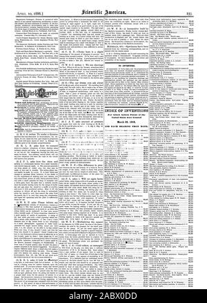 Für Erfinder. INDEX DER ERFINDUNGEN, für die Buchstaben Patent in den Vereinigten Staaten gewährt wurden und jedes Lager, dass Datum., Scientific American, 1886-04-10 Stockfoto