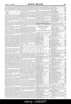 INDEX DER ERFINDUNGEN, für die Buchstaben Patent in den Vereinigten Staaten gewährt wurden, Scientific American, 1886-04-24 Stockfoto